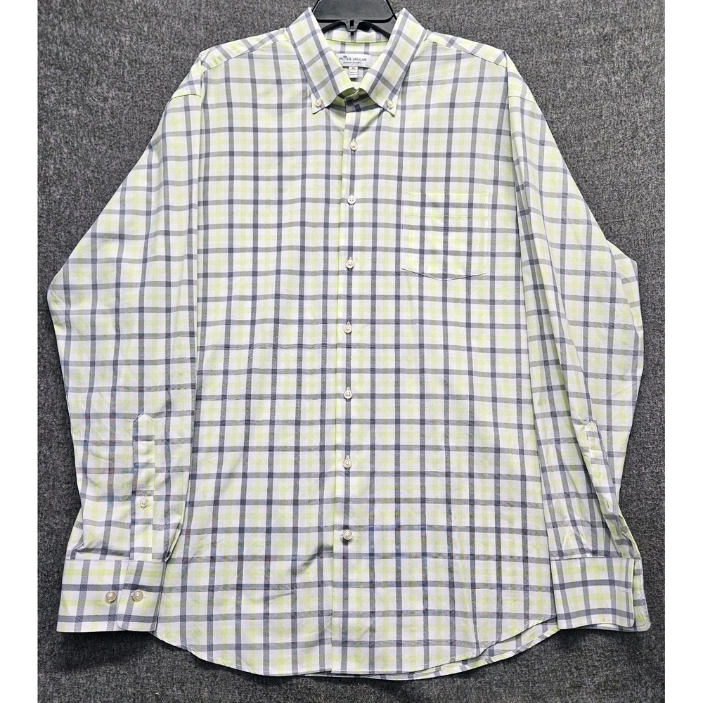 Peter Millar Summer Comfort Shirt Mens XL Yellow Grey Plaid Button Long Sleeve - Picture 2 of 9